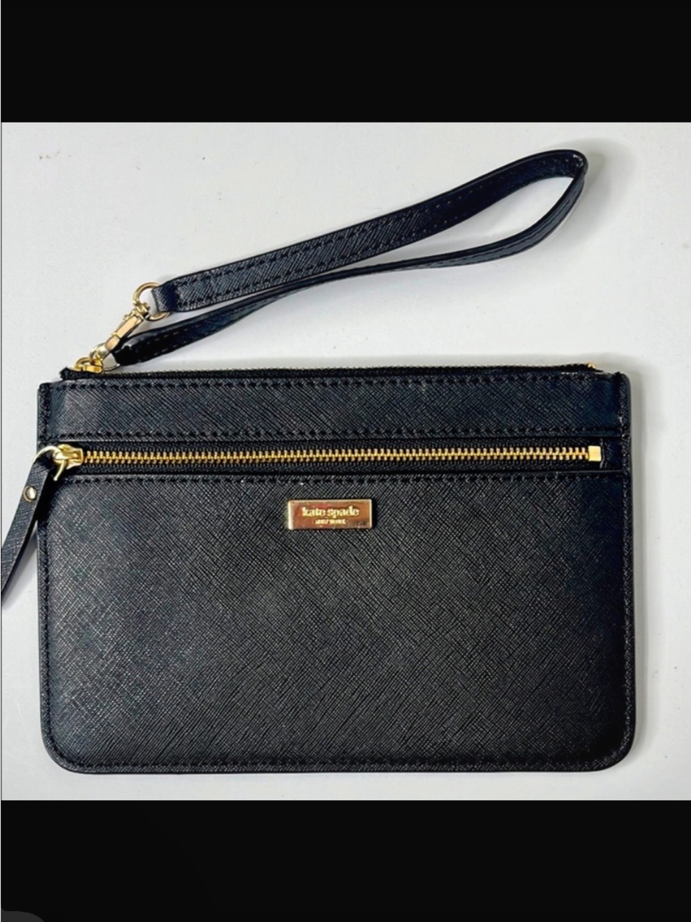 kate spade Black Saffiano Leather Wristlet with Gold Hardware